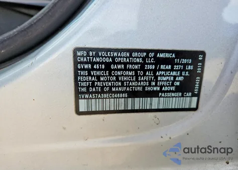 2014 Volkswagen Passat S из США, поврежденный, VIN 1VWAS7A39EC046865